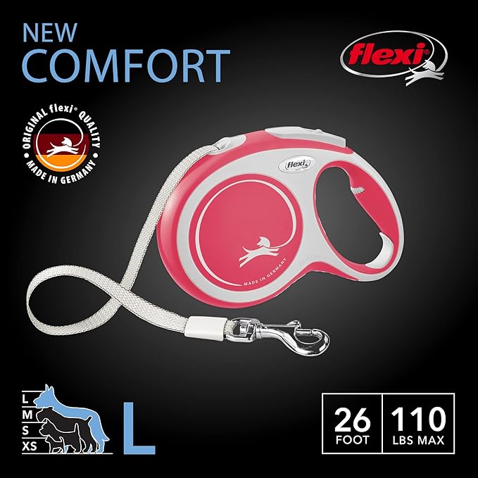FLEXI New Comfort Tape Retractable Dog Leashes for Large Dogs Upto 110 lbs. – 26 ft., Red/Pastel | Tangle Free Pet Walking Leash with One-Handed Brake, Pause, Lock|German Quality Product