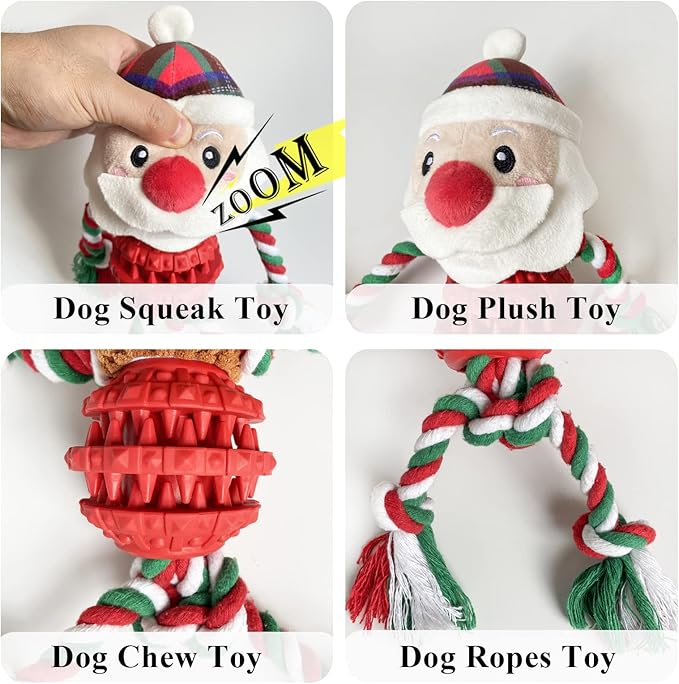 Dog Christmas Toys for Small Medium Large Dogs, Squeaky Plush Dog Toys + Interactive Dog Toys + Dog Rope Toys Multi Function Cute Santa Puppy Toys for Christmas