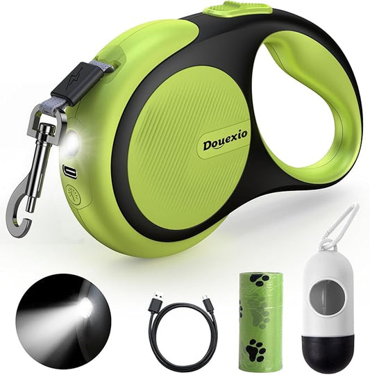 Retractable Dog Leash with LED Flashlight, Douexio Upgrade 3 in 1 Dog Leash Retractable for Small Medium Dogs Up to 66 lbs, 16ft, Anti-Slip Handle (Black-Green)