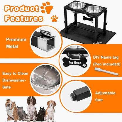 Elevated Dog Bowls, 4 Height Adjustable Metal Raised Bowl Stand with 2 Thick Stainless Steel Food Bowls & Spill-Proof Mat, Adjusts to 13.6'', 12.2'', 10.9'', 9.5'' for Large/Medium Breeds. Black