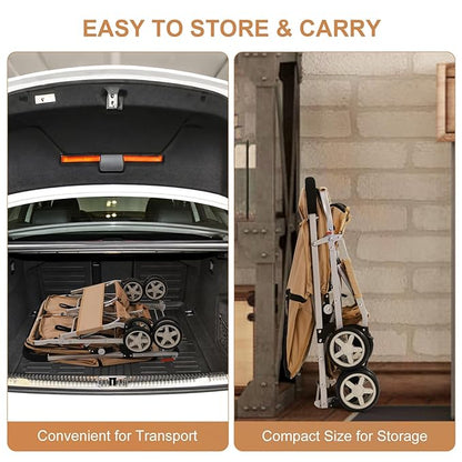 Double Pet Stroller for 2 Small Dogs & Cats, Side-by-Side Twin Travel Carriage with Safety Leashes, Mesh Windows & Double Storage Baskets, Lightweight & Foldable, 44lbs Capacity, White