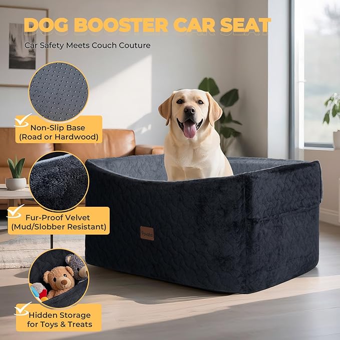 Dog Car Seat for Large Medium Dogs up to 60 lbs – Elevated Dog Booster Seat for Cars with Extra-Safe 14in High Front, Memory Foam Cushion, Washable Cover, Backseat Pet Car Bed (Black/Grey)