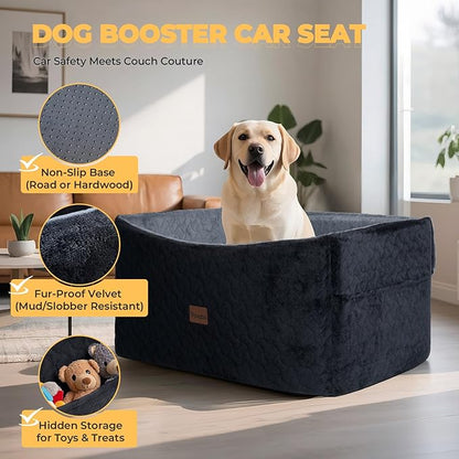 Dog Car Seat for Large Medium Dogs up to 60 lbs – Elevated Dog Booster Seat for Cars with Extra-Safe 14in High Front, Memory Foam Cushion, Washable Cover, Backseat Pet Car Bed (Black/Grey)