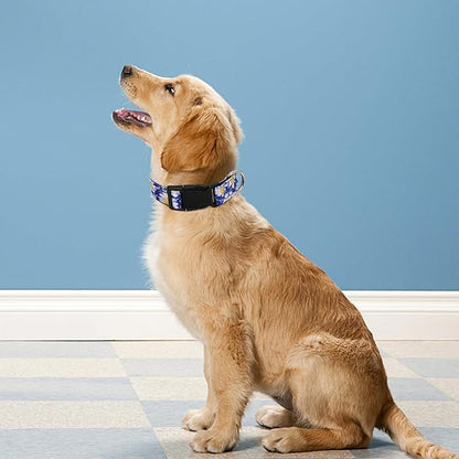 Reflective Dog Collar, Adjustable Soft Neoprene Padded Nylon Pet Collars with Buckle for Puppy and Small Dogs, Cats, Small Daisies Blue,L