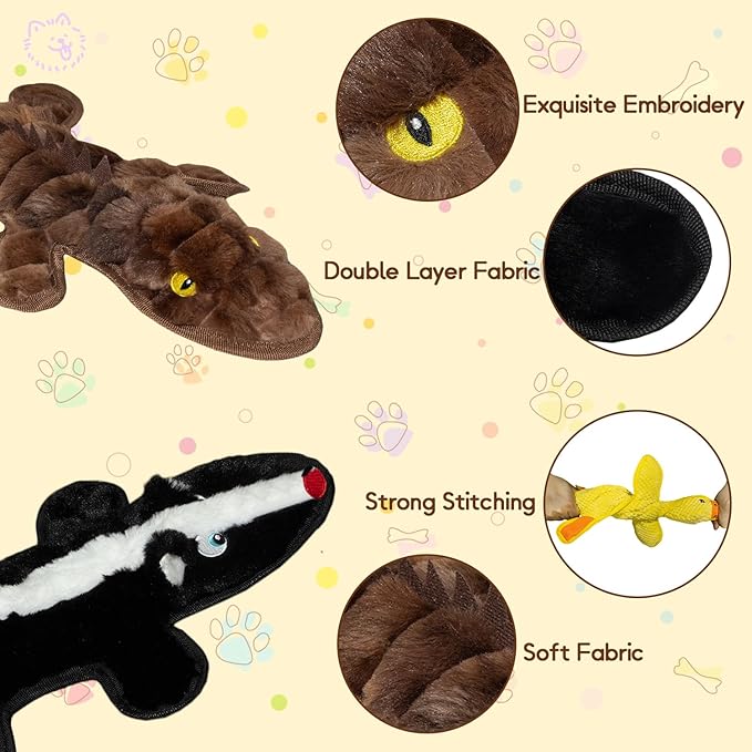No Stuffing Dog Squeak Toys, 2 Pack Chew Toys with Crinkle to Keep Them Busy, Plush Puppy Teething Toys for Indoor & Outdoor Play, Best Birthday Gift for Large Breed