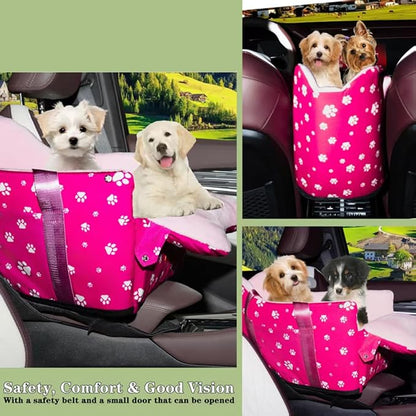 Dog Car Seat for Console - Memory Foam Pet Booster Seat for Small Medium Dogs Up to 21 lbs - SUV Truck Center Console Dog Seat with Safety Leash & Storage Pockets - Washable Cover (Large Rose Red)