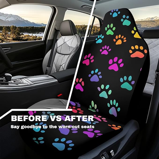Colorful Dog Paws Car Seat Covers Waterproof Front Seat Covers Easy Installation Stretch Polyester Fabric Cover Protection Interior Accessories Universal Fit Most Cars,SUV, Trucks