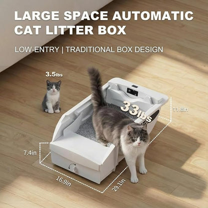 Automatic Litter Box, Open-Top Self Cleaning Litter Box for Multiple Cats, Large Space with Low Entry, Dual Safety Sensors, Quiet Operation, Compatible with Clumping Litter, Odor Control