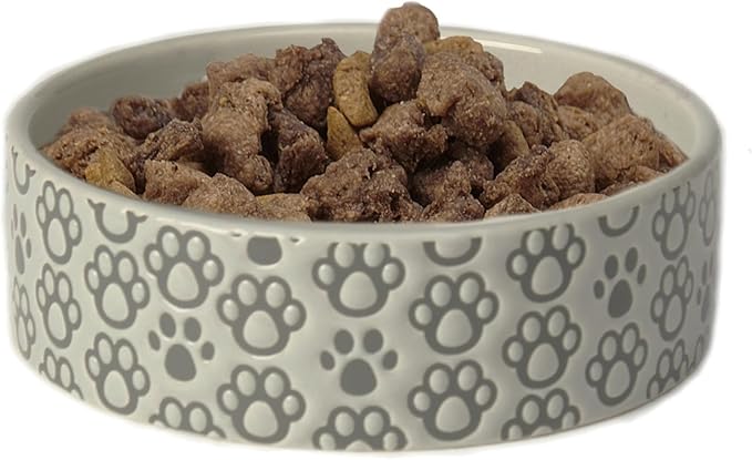 PetRageous 18428 Paws Shallow Round Stoneware Dog Bowl 5-Inch Width and 1.5-Inch Height 1.5-Cups Capacity, Grey