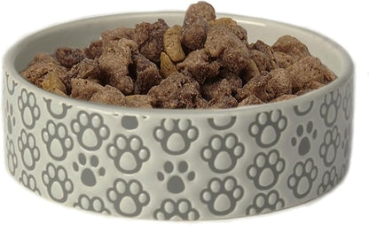 PetRageous 18428 Paws Shallow Round Stoneware Dog Bowl 5-Inch Width and 1.5-Inch Height 1.5-Cups Capacity, Grey