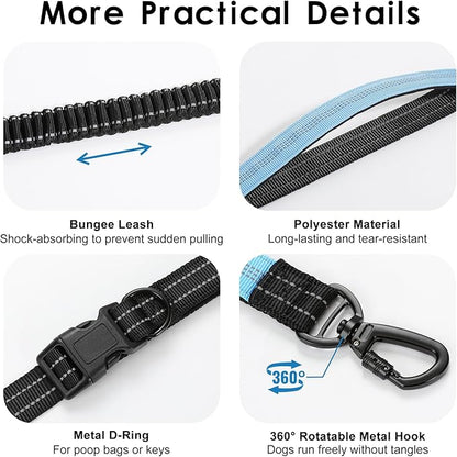 Hands Free Dog Leash, 8.2 FT Waist Leash for Walking, Jogging, Hiking, Adjustable Crossbody Belt with Double Padded Handles, Bungee Car Seatbelt Design for Medium Large Dogs, Black + Blue