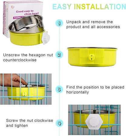 Crate Dog Bowl Removable Stainless Steel Water Food Feeder Bowls Cage Coop Cup for Cat Puppy Bird Pets (Large, Pink)