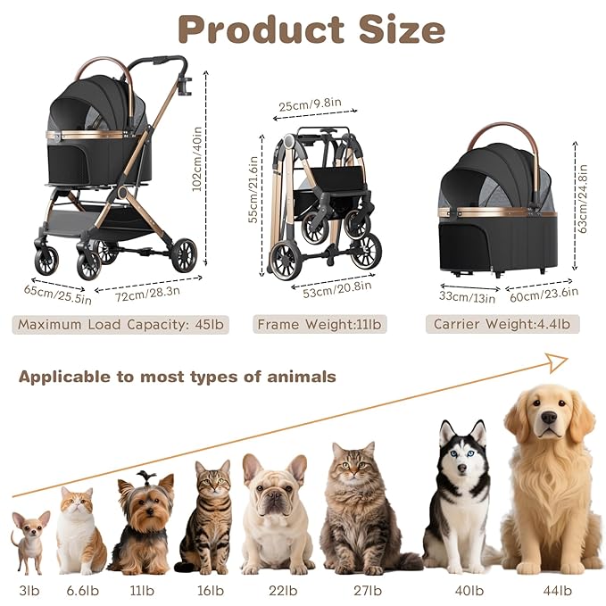4 Wheels Pet Stroller for Small Medium Dogs Cats Up to 45 lbs Folding Dog Stroller with Detachable Breathable Carrier Suitable for Car Seat, Hand Carry & Travel, All Terrain, 3 in 1 Multifunctional