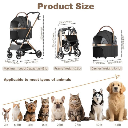 4 Wheels Pet Stroller for Small Medium Dogs Cats Up to 45 lbs Folding Dog Stroller with Detachable Breathable Carrier Suitable for Car Seat, Hand Carry & Travel, All Terrain, 3 in 1 Multifunctional