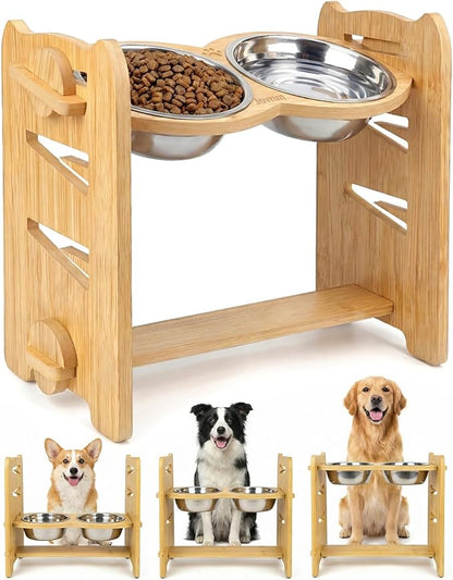 Elevated Dog Bowls, Adjustable Raised Dog Bowl Stand for Medium Size Dogs, 15°Tilted Elevated Dog Bowls, Durable Bamboo Dogs Feeder with 2 Stainless Steel Bowls and Non-Slip Feet