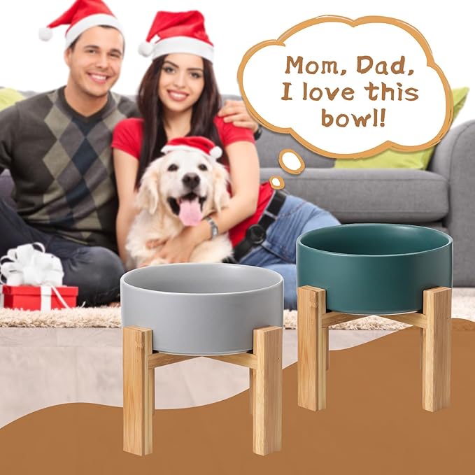 Raised Ceramic Large Dog Bowl - Heavy Weighted Dog Dish with Bamboo Stand - Elevated for Comfortable Feeding - 8.3" W x 8" H - 4.5 Cups (68 fl oz) - Grey