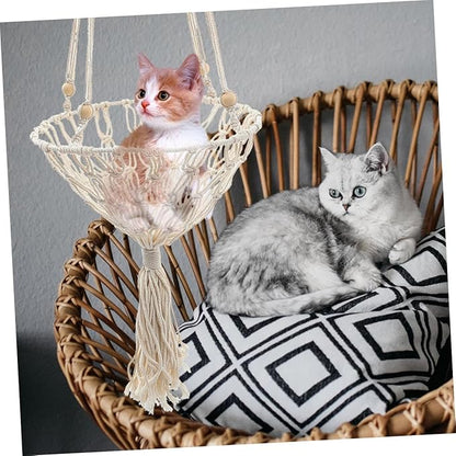 Bohemian Woven Hanging Cat Hammock 40cm Handcrafted Pet Nest Sturdy Cat Bed for Indoor Use to 30 Lbs