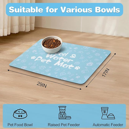 Pet Feeding Mat,Dog Cat Mat for Food and Water,Dog Bowl Waterproof Placemat with Rubber Backing,Absorbent Quick Dry Water Dispenser Mat for Pet（Blue 17"×29"）