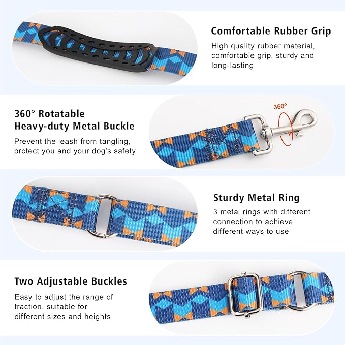 Hands Free Dog Leash, 8.5ft Adjustable Hands Free Leash for Medium Dogs, Versatile Handheld Crossbody Waist Lead with 3 Rings, for Running Jogging Walking, Sponge Handle, Geometric Blue