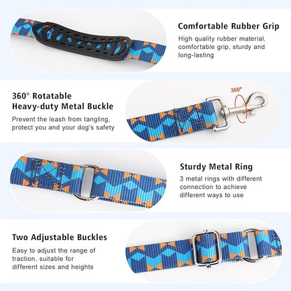 Hands Free Dog Leash, 8.5ft Adjustable Hands Free Leash for Medium Dogs, Versatile Handheld Crossbody Waist Lead with 3 Rings, for Running Jogging Walking, Sponge Handle, Geometric Blue