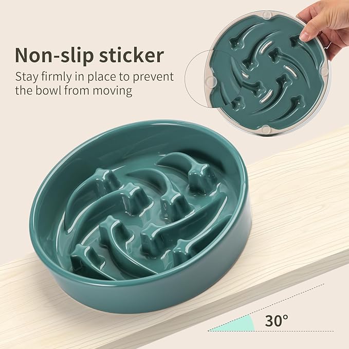 8.26 in Deep Green Ceramic Slow Feeder Dog Bowl for Medium and Large Breed,Pet Feeding Dog Food Water Dish Heavy Weighted,Puppy Bowl for Fast Eaters,Puzzle Slow Eating Dish Modern Maze Meteor