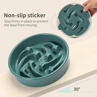 8.26 in Deep Green Ceramic Slow Feeder Dog Bowl for Medium and Large Breed,Pet Feeding Dog Food Water Dish Heavy Weighted,Puppy Bowl for Fast Eaters,Puzzle Slow Eating Dish Modern Maze Meteor