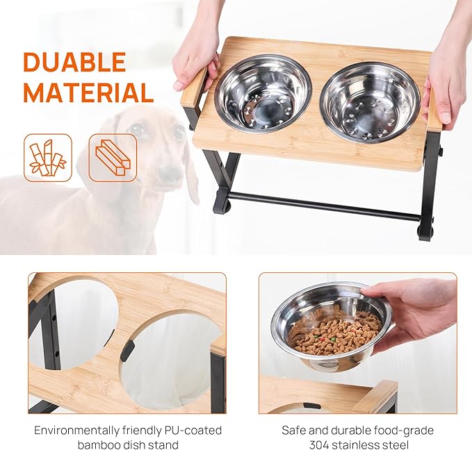 Adjustable Height Pet Feeder Stand with 2 Dishwasher-Safe Stainless Steel Bowls – Brown Wood Top & Black Metal Frame Elevated Food/Water Station for Dogs/Cats Under 100LBS