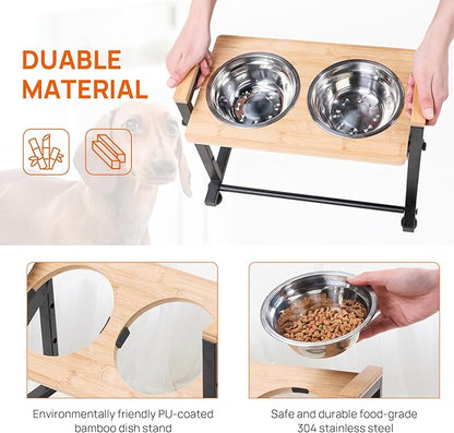 Adjustable Height Pet Feeder Stand with 2 Dishwasher-Safe Stainless Steel Bowls – Brown Wood Top & Black Metal Frame Elevated Food/Water Station for Dogs/Cats Under 100LBS