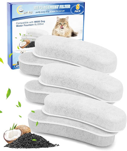6 Pack Charcoal Pet Water Fountain Filters for W600 Dog Water Bowl Dispenser, Compatible with W600 Model, Removes Odors, Heavy Metals, and Pet Hair