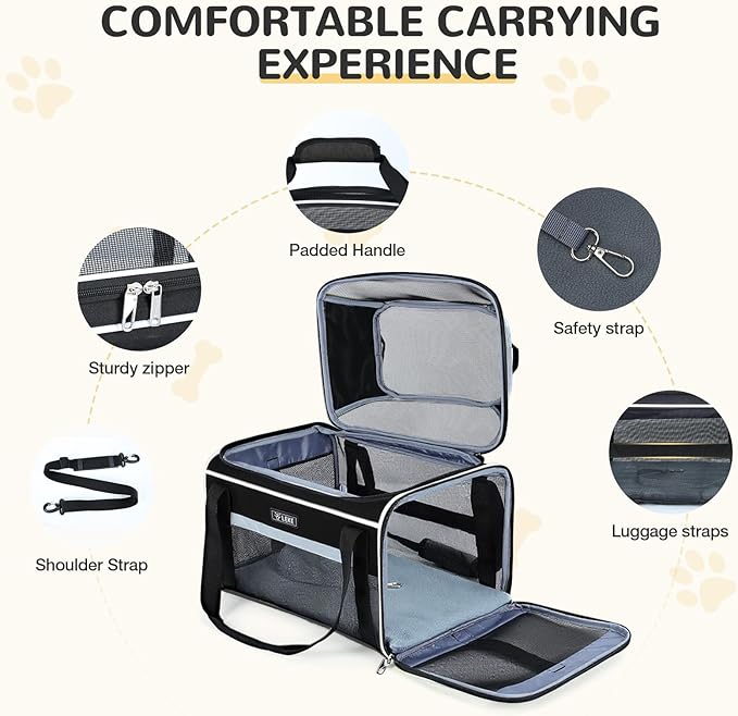 Lekereise Top-Expandable Pet Carrier 18x11x11Inch Delta American United Airline Approved Soft Sided Underseat to 15lbs Travel Carriers for Small Dogs Cats with Locking Safety Zippers Anti-Scratch Mesh