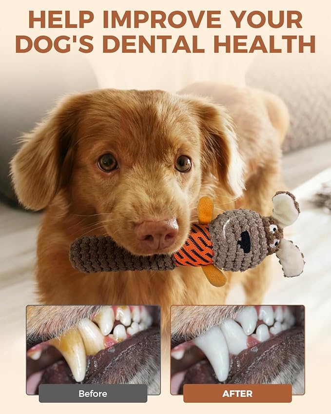 Squeaky Dog Toys for Small Dogs, Interactive Dog Plush Toy for Tough Play, Durable Chew Gifts for Puppy Teething to Keep Them Busy and Relieve Boredom (Brown Dog)