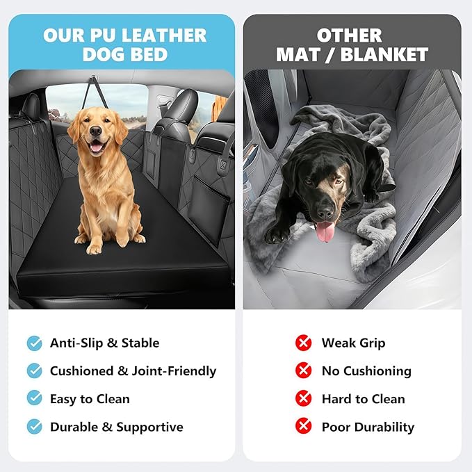 Backseat Dog Bed, Dog Bed for Car Back Seat, 4in Thick PU Leather Pet Bed for Backseat Extender – Waterproof, Scratch-Proof, Non-Slip, Washable for Full-Size Trucks & Larger SUVs (55"x26.5", Black)