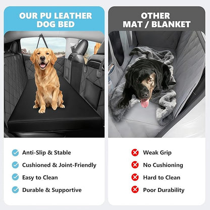 Backseat Dog Bed, Dog Bed for Car Back Seat, 4in Thick PU Leather Pet Bed for Backseat Extender – Waterproof, Scratch-Proof, Non-Slip, Washable for Full-Size Trucks & Larger SUVs (55"x26.5", Black)