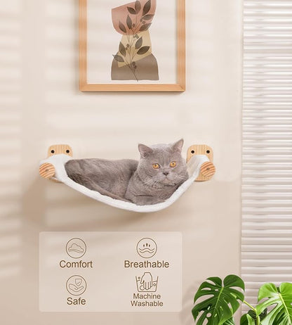 Cat Wall Hammock, Dual-Sided Cat Wall Bed with Canvas & Plush Fabric for All Seasons, Wall Mounted Shelf for Large Cats, Modern Perches for Lounging & Napping