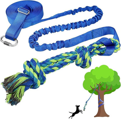Dog Bungee Tug Toy Hanging from Tree,Outdoor Tug of War Interactive Tether Dog Rope with Chew Lure for Small Medium Large Dogs (Blue)