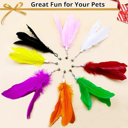 Cat Toy Refill, 8 Pack Large Feather Toy with Bell for Cat Wand Toy Accessories Cat Toy Attachment Replacements, 7.87” Realistic Size Feather Toy for Bored Indoor Adult Cat Play Exercise