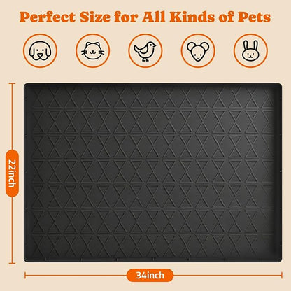 Large Silicone Dog Food Mat with Raised Edge, Waterproof Non-Slip Pet Feeding Mat for Floors, Dog Bowl Mat for Food and Water, Spill Proof Cat & Dog Feeding Placemat, Easy Clean, 34 x 22, Black