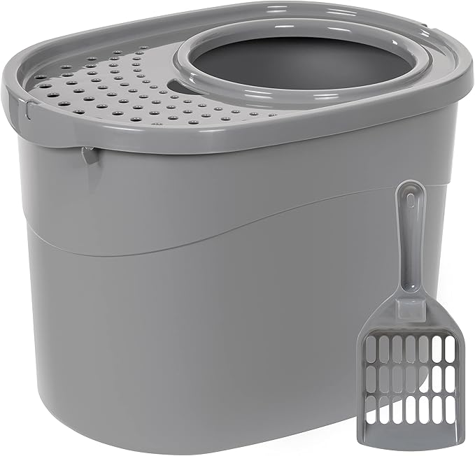 Amazon Basics Large Cat Litter Box with High Sides, Top Entry, Odor Control, Includes Scoop, 20.5 x 14.75 x 14.38 inches, Grey