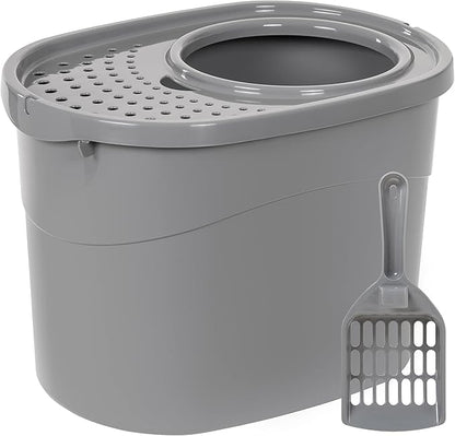 Amazon Basics Large Cat Litter Box with High Sides, Top Entry, Odor Control, Includes Scoop, 20.5 x 14.75 x 14.38 inches, Grey