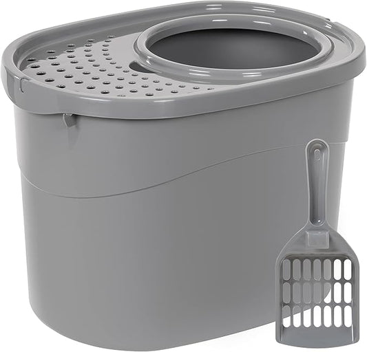Amazon Basics Large Cat Litter Box with High Sides, Top Entry, Odor Control, Includes Scoop, 20.5 x 14.75 x 14.38 inches, Grey