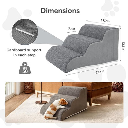 3-Step Sturdy Foam Dog Stairs with PE Support Board, Cover Removable, Pet Steps for Small to Medium Dogs & Cats, 13''H Dog Step for Sofa, Chair, or Stairs