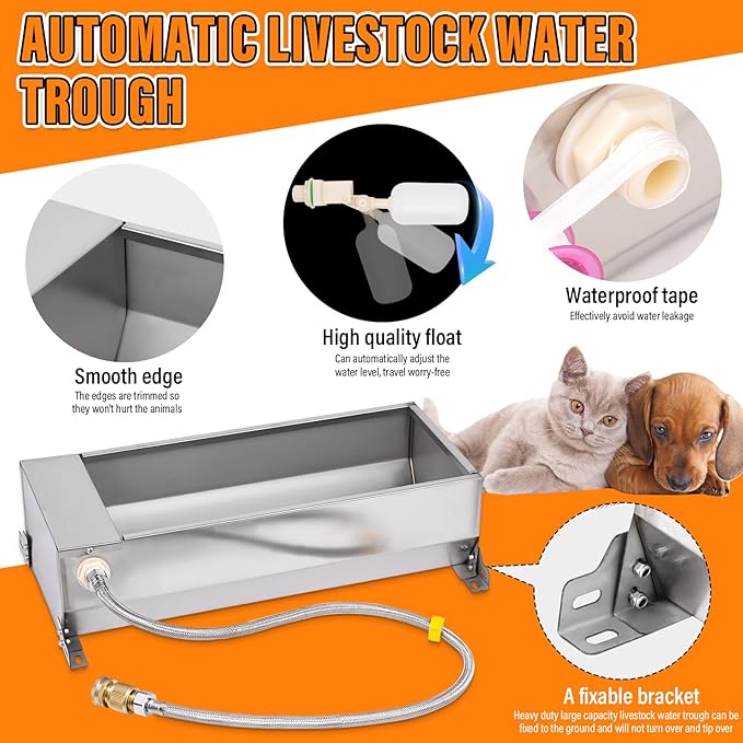 Automatic Livestock Water Trough, Animal Drinking Water Bowl Dispenser with Float Valve Kit, Self Filling Water Trough for Dogs Large Capacity Dog Waterer for Horse,Goat,Pig,Dog, Sheep