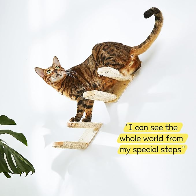 Wall-Mounted Cat Stairs Set of 2, 2-Step Pine Wood Cat Ladder with Sisal Rope, Space-Saving Climbing Shelves for Cats