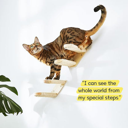 Wall-Mounted Cat Stairs Set of 2, 2-Step Pine Wood Cat Ladder with Sisal Rope, Space-Saving Climbing Shelves for Cats