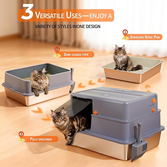 Enclosed XXXXL Stainless Steel Litter Box, 28" L x 20" W x 17" H, Side Entry Extra Large Metal Cat Litter Box with Lid for Big & Multiple Cats, Removable Enclosure, Anti-Leakage,Easy to Clean