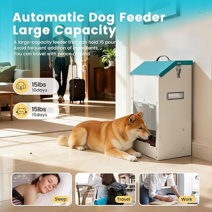 Automatic Dog Feeder Large Breed Outdoor & Indoor Galvanized Dog Food Dispenser 15lbs Wall Mountable Gravity Pet Food Station Auto Feeder Self Feeding with Clear Door for Puppy, Dog, Cat