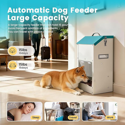 Automatic Dog Feeder Large Breed Outdoor & Indoor Galvanized Dog Food Dispenser 15lbs Wall Mountable Gravity Pet Food Station Auto Feeder Self Feeding with Clear Door for Puppy, Dog, Cat
