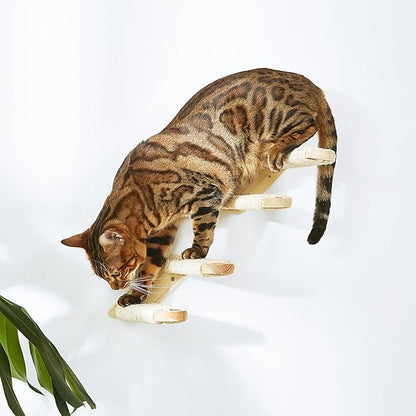 Wall-Mounted Cat Stairs Set of 2, 2-Step Pine Wood Cat Ladder with Sisal Rope, Space-Saving Climbing Shelves for Cats