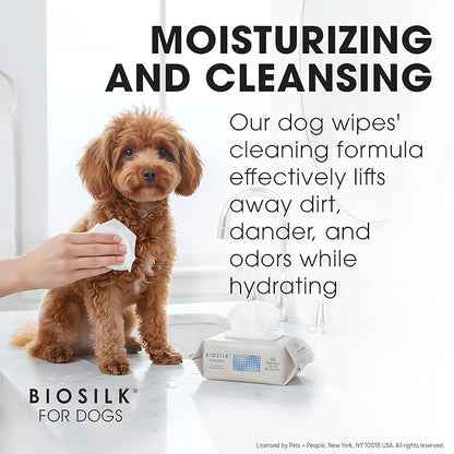 BioSilk for Dogs Moisturizing & Cleansing Wipes - Dog Wipes for Cleaning & Deodorizing, Dog Paw Wipes - Infused with Silk Proteins & Vitamins, pH Balanced, Paraben Free