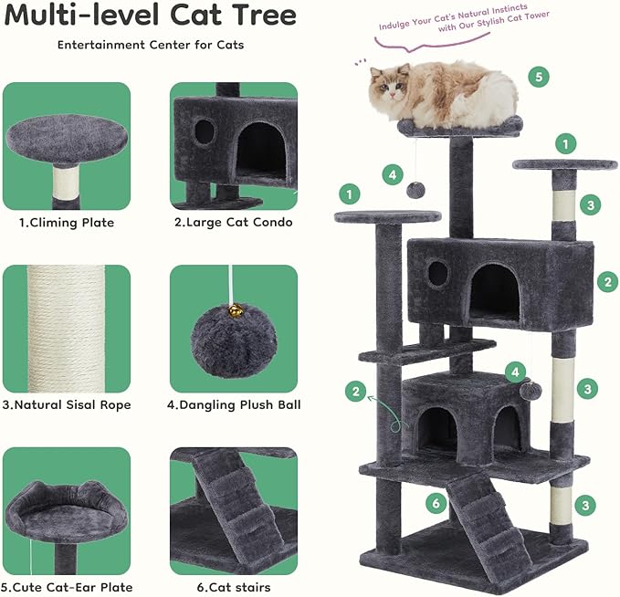 DUMOS 54-inch Indoor Cat Tree Tower –Multi-Level Pet House for Large Cats with 2 Condos, Scratching Posts, Round Platform, Small Ladder, and Toys – Perfect for Cats of All Ages, Dark Grey